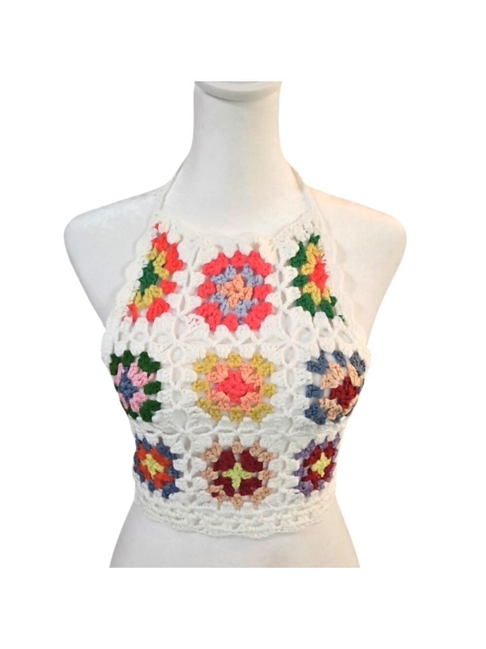 Handmade Crochet Halter Top Granny Square Floral Multicored Boho Bikini Top